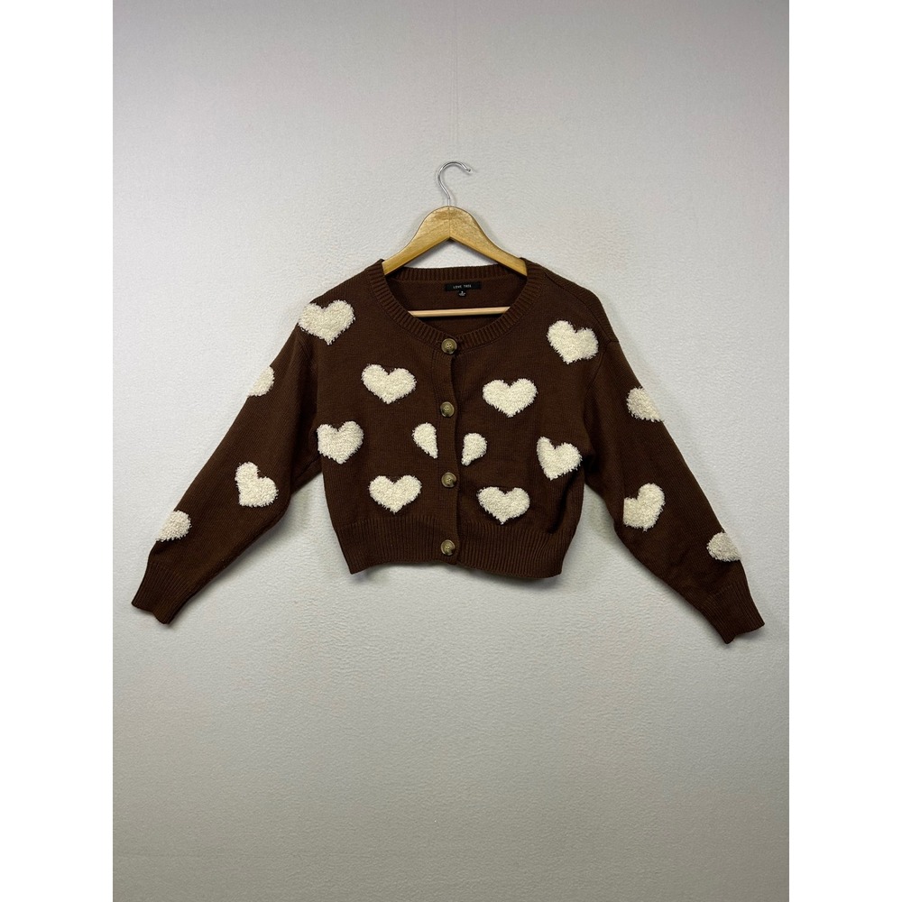 Love Tree Coquette Heart Aesthetic Womens Sm Brown Fuzzy Patch Cardigan Sweater